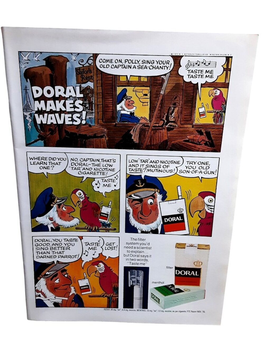 1971 Doral Cigarettes Comic Captain Parrot Vintage Tobacco Print Ad
